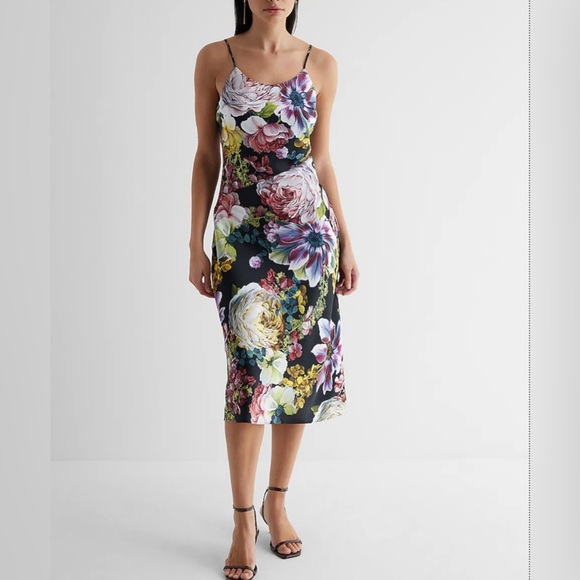Express Dresses & Skirts - Floral Satin Scoop Neck Downtown Cami Midi Slip Dress
